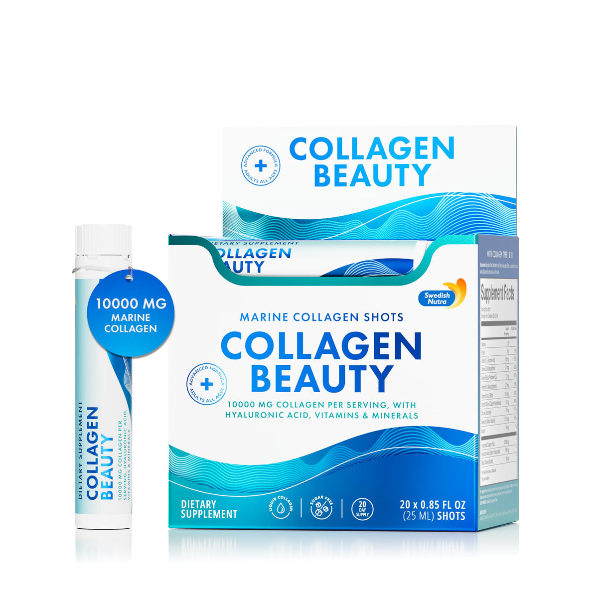 Swedish Nutra Collagen Beauty shot bottle on shelf supports skin hydration.