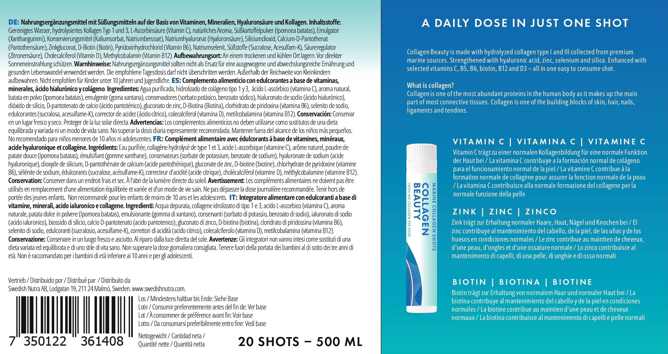Natural berry flavor, sugar-free, Swedish Nutra Collagen Beauty Shot.