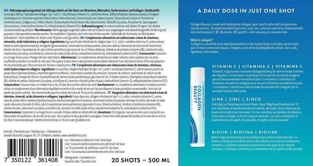 Natural berry flavor, sugar-free, Swedish Nutra Collagen Beauty Shot.