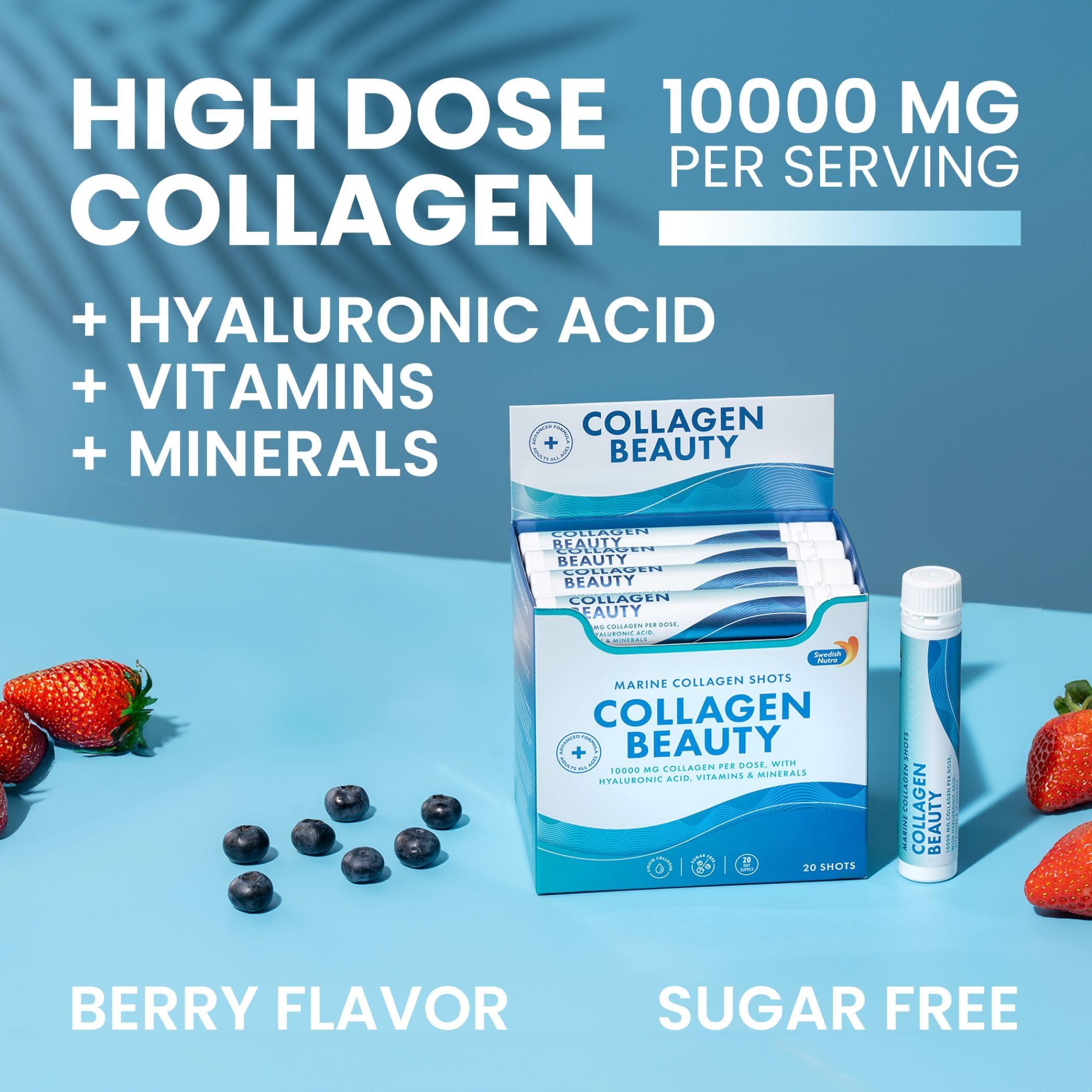 Pouring Swedish Nutra Collagen Beauty Shot reveals a sugar-free berry flavor boost.