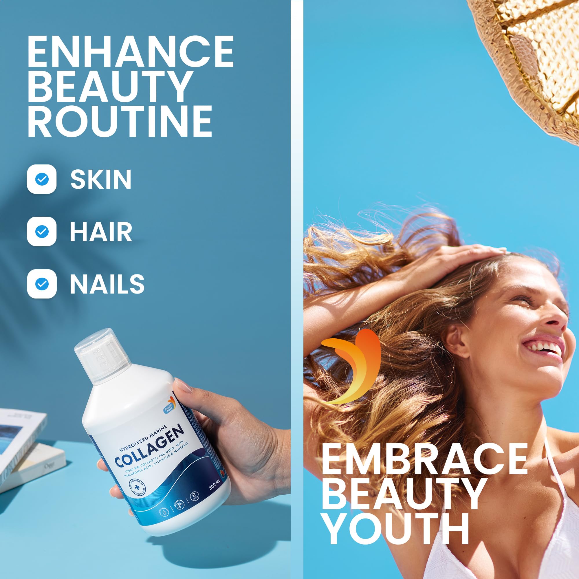 Swedish Nutra collagen label close-up emphasizing hydrolyzed marine collagen