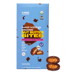 Sweet Nothings Chocolate Nut Butter Bites pack front shows organic no added sugar snack