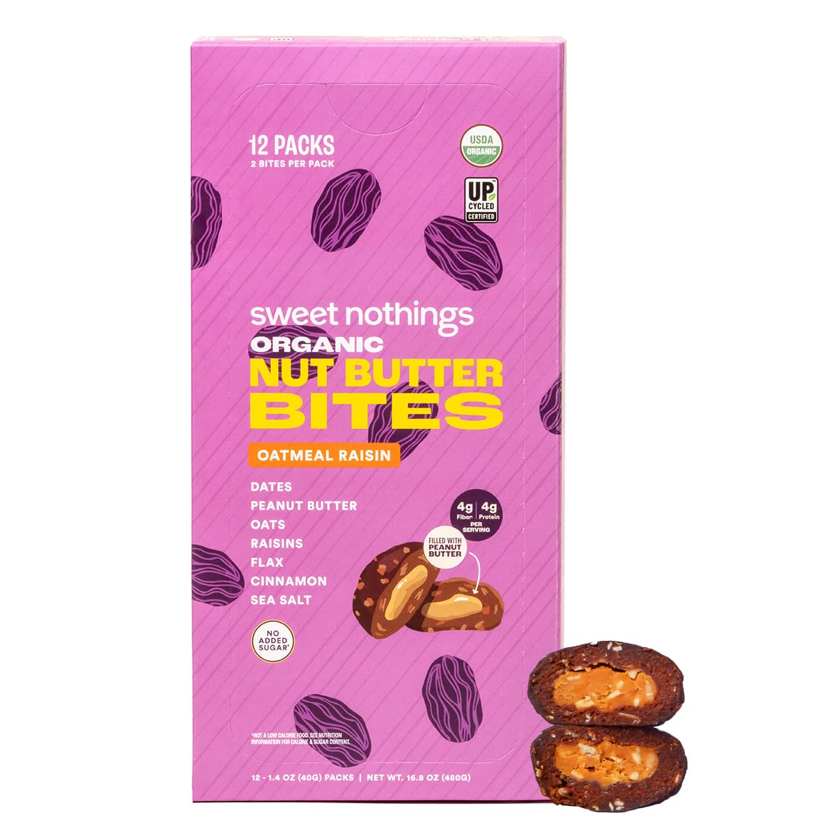 Sweet Nothings Oatmeal Raisin Bites pack, convenient grab-and-go snack.
