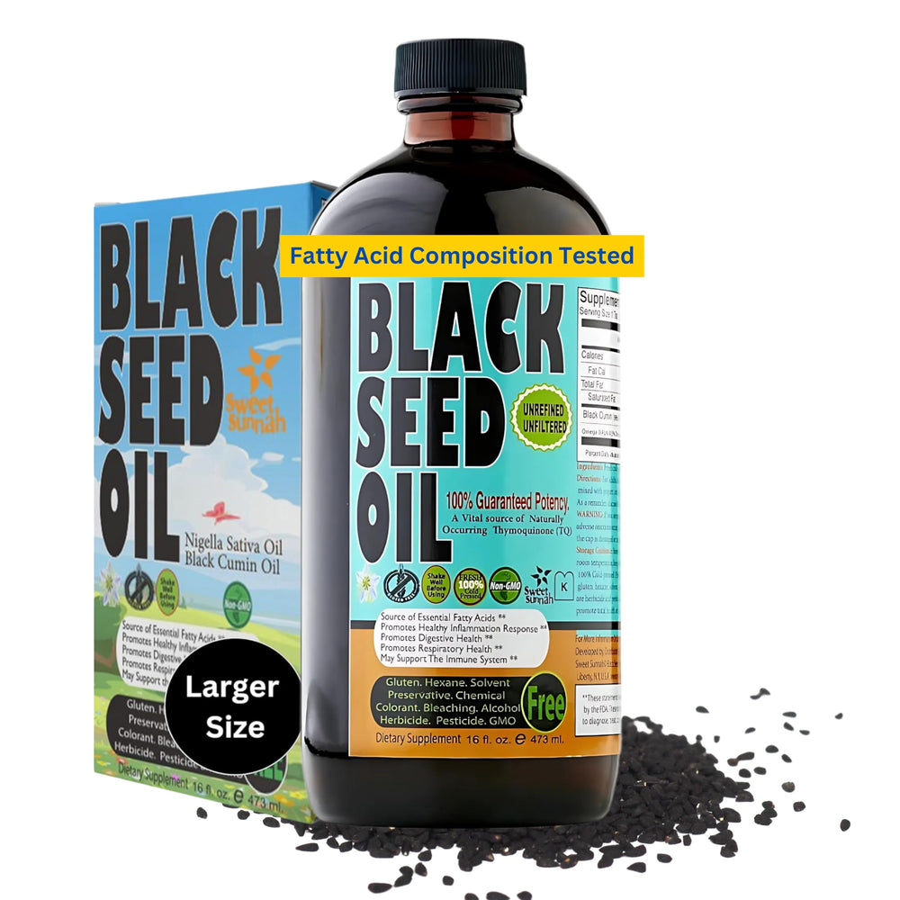 Sweet Sunnah Black Seed Oil bottle front shows premium packaging and quality benefits.