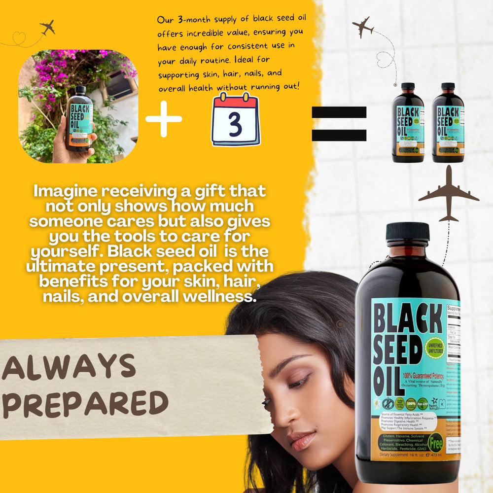 Ingredients panel of Sweet Sunnah Black Seed Oil highlights additive-free formula.