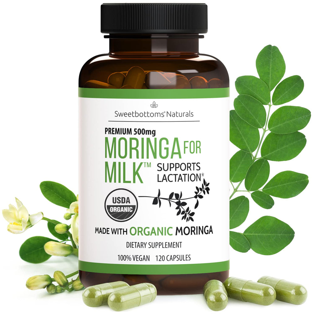 Sweetbottoms lactation moringa bottle shows convenient postnatal support for new moms.