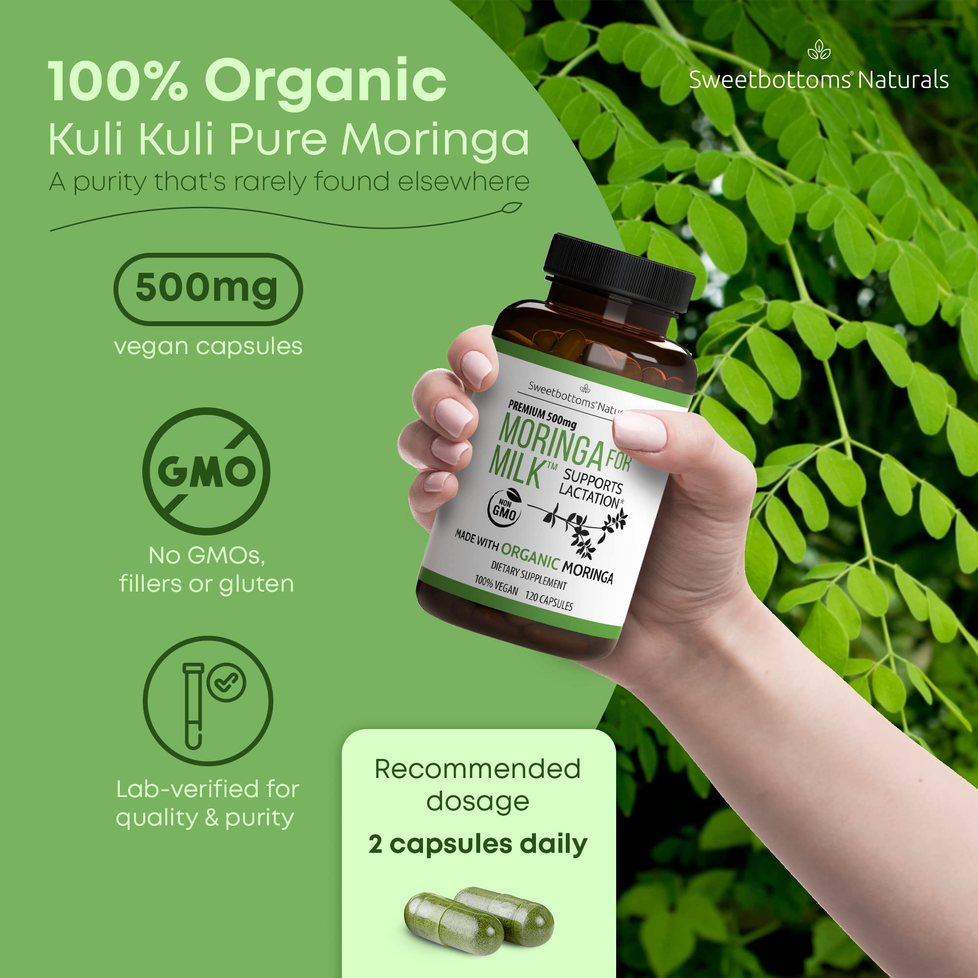 Sweetbottoms lactation moringa pour captures quick capsule intake for milk support.