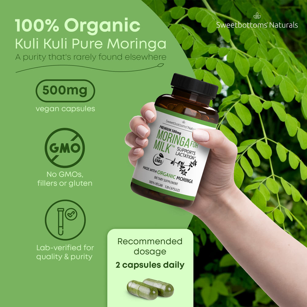 Sweetbottoms lactation moringa pour captures quick capsule intake for milk support.