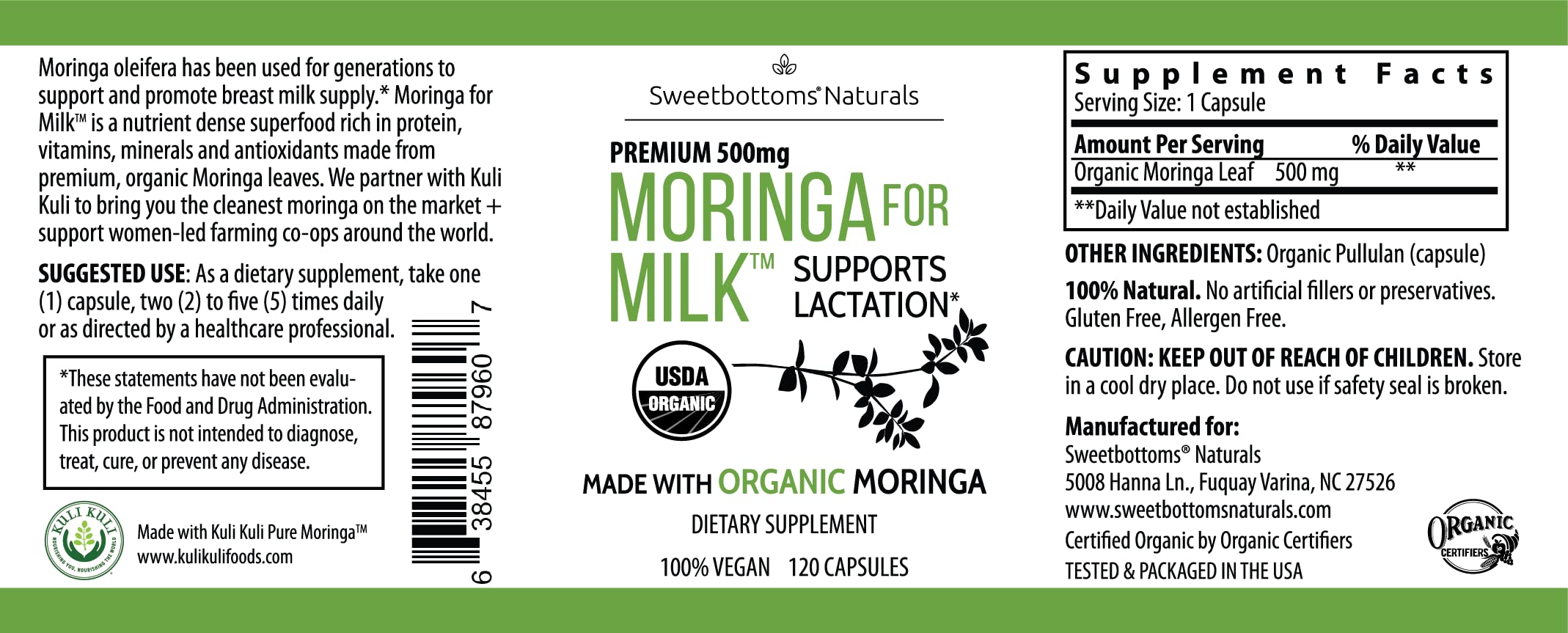 Sweetbottoms organic moringa leaves label emphasizes certified organic quality.