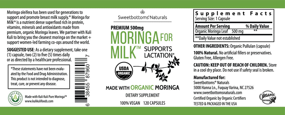 Sweetbottoms organic moringa leaves label emphasizes certified organic quality.