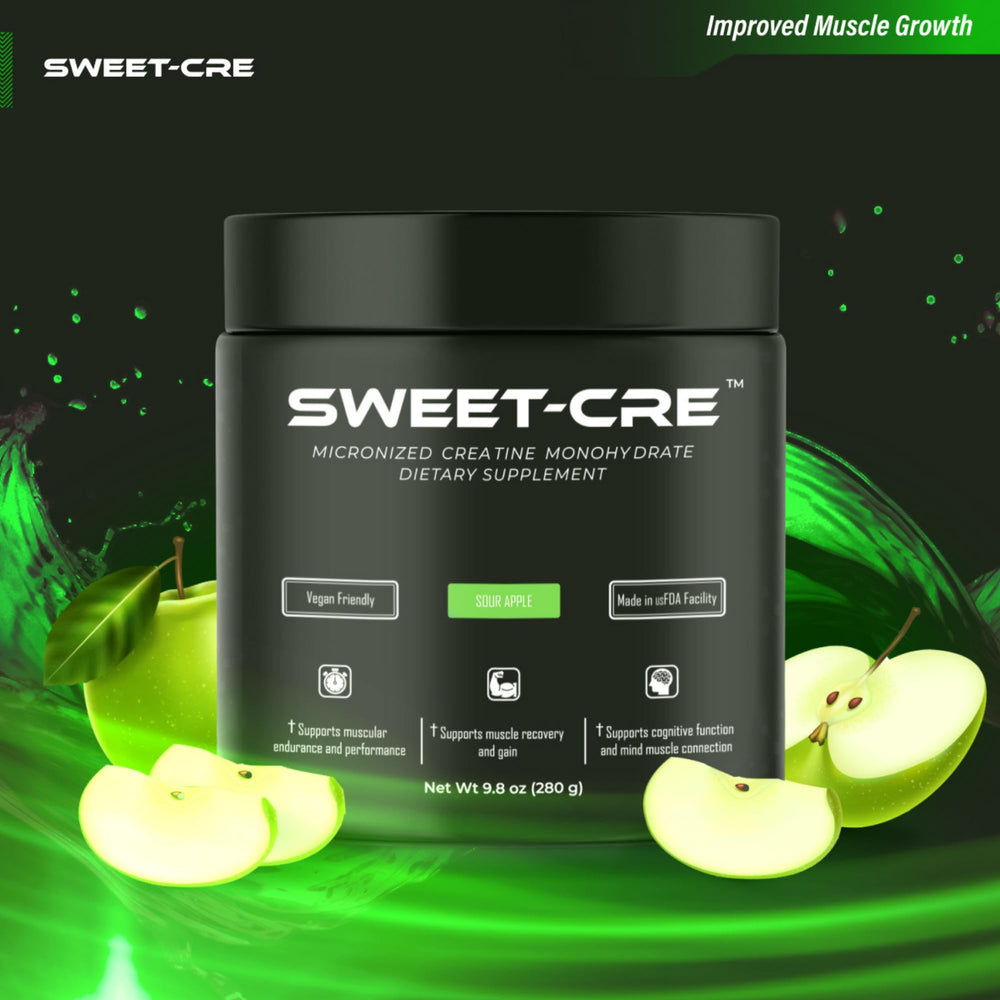Close-up of micronized SweetCre creatine powder dissolving in water