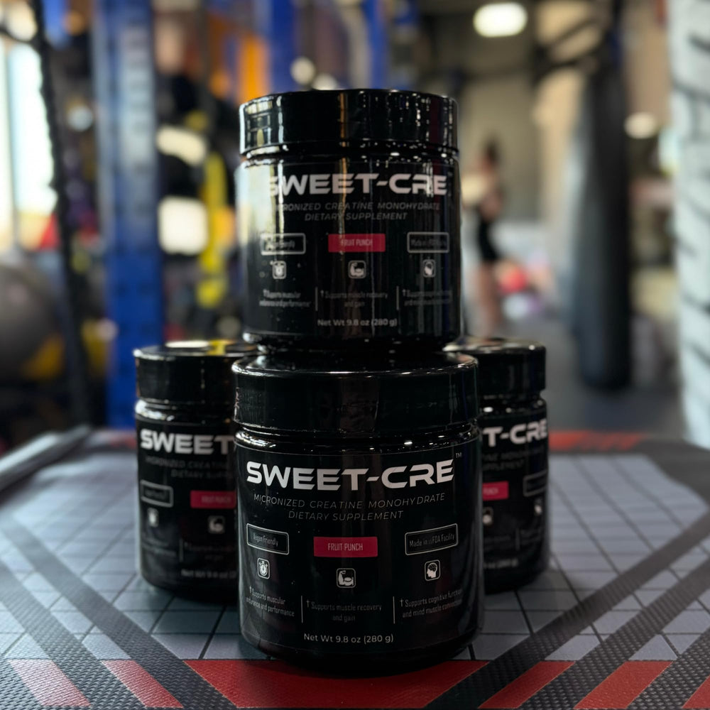 SweetCre Creatine Monohydrate powder near fruit pieces to emphasize flavor.