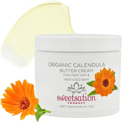 Sweetsation Therapy Calendula Butter jar for soothing dry skin.