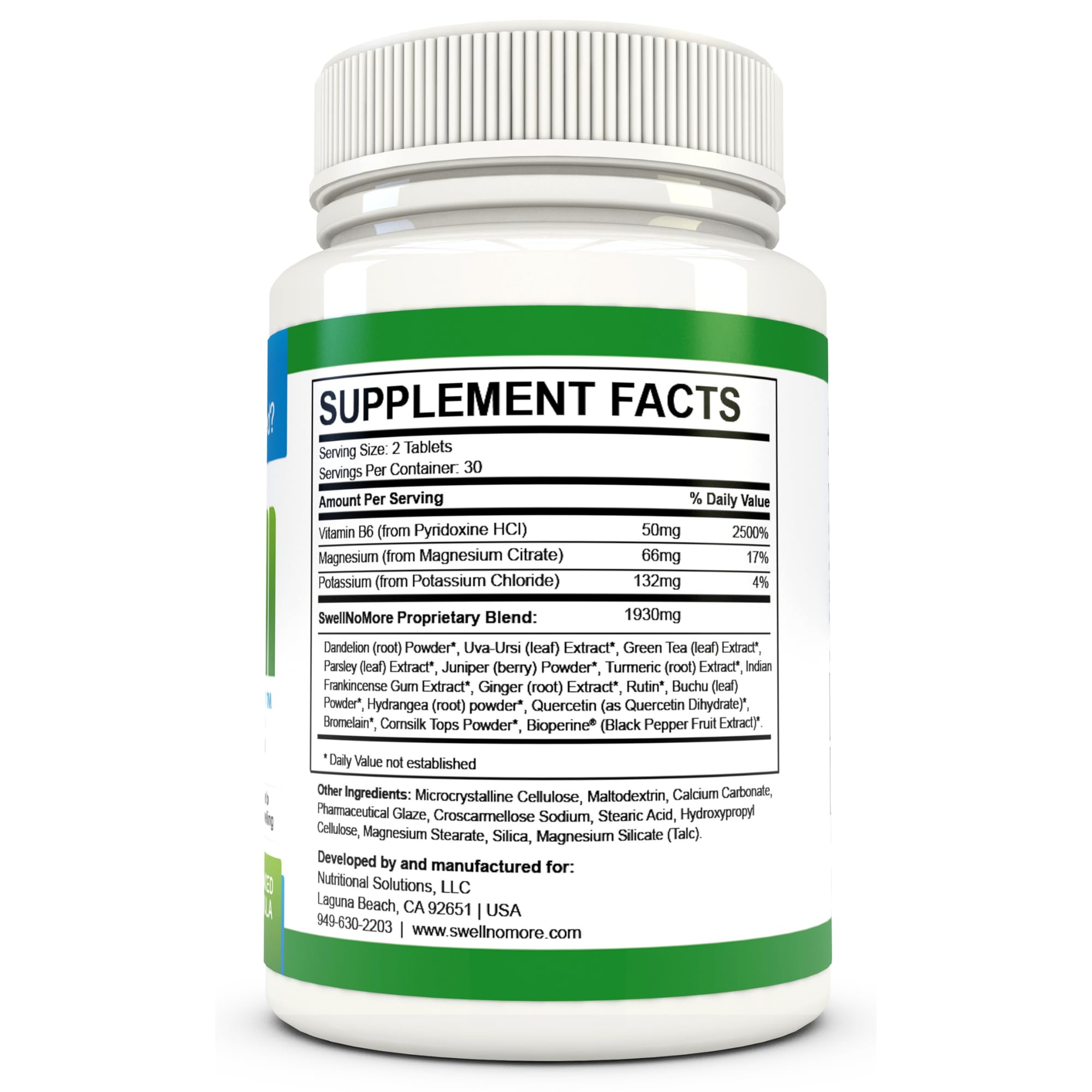 Swell No More Edema Relief bottle label close-up highlights ingredients and benefits for swelling support.