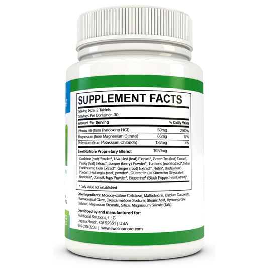 Swell No More ingredients label highlights natural components for edema-related comfort.