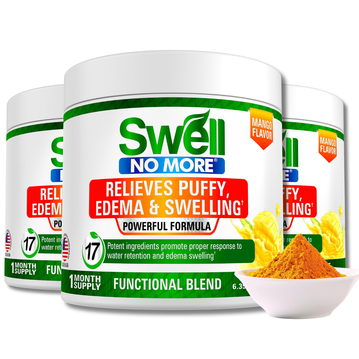 Swell No More peach mango powder jar ready to mix for daily swelling support.