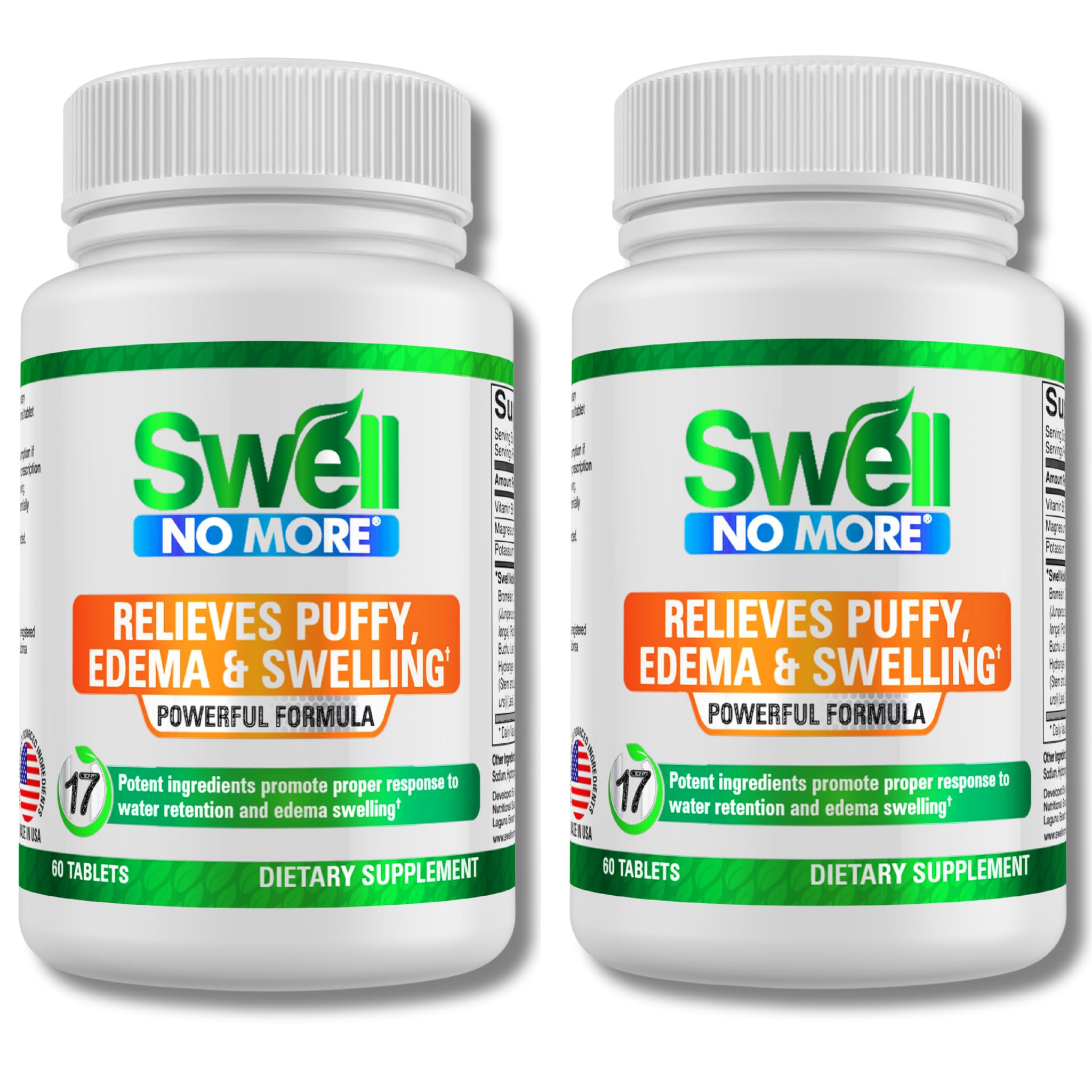 SwellNoMore bottle front showing natural edema-support blend for daily use