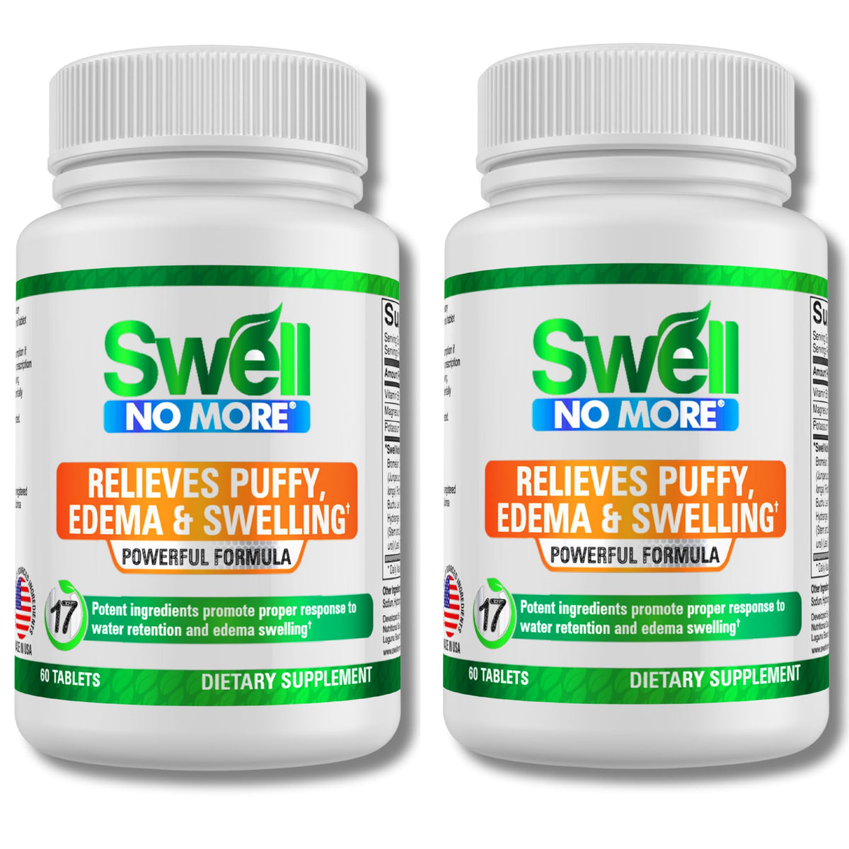 SwellNoMore bottle front showing natural edema-support blend for daily use