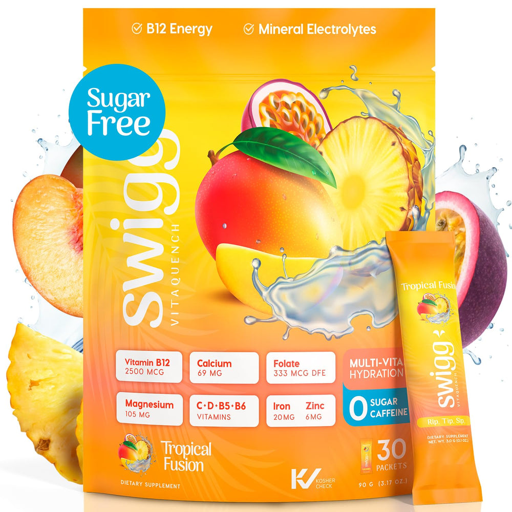 Swigg electrolytes sticks tropical fusion for refreshing hydration during workouts.