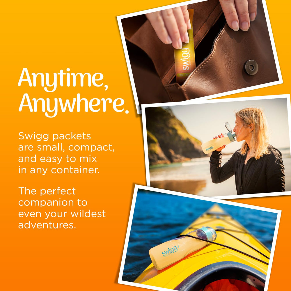 Swigg on-the-go hydration sticks in a compact, travel-ready pack.