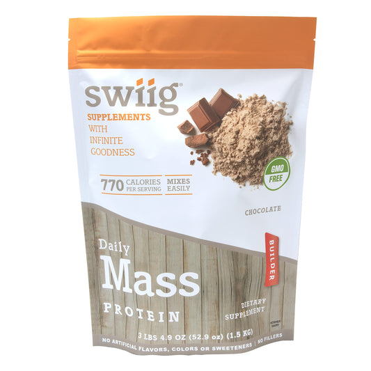 SWIIG Mass Builder chocolate protein powder supports post-workout recovery.