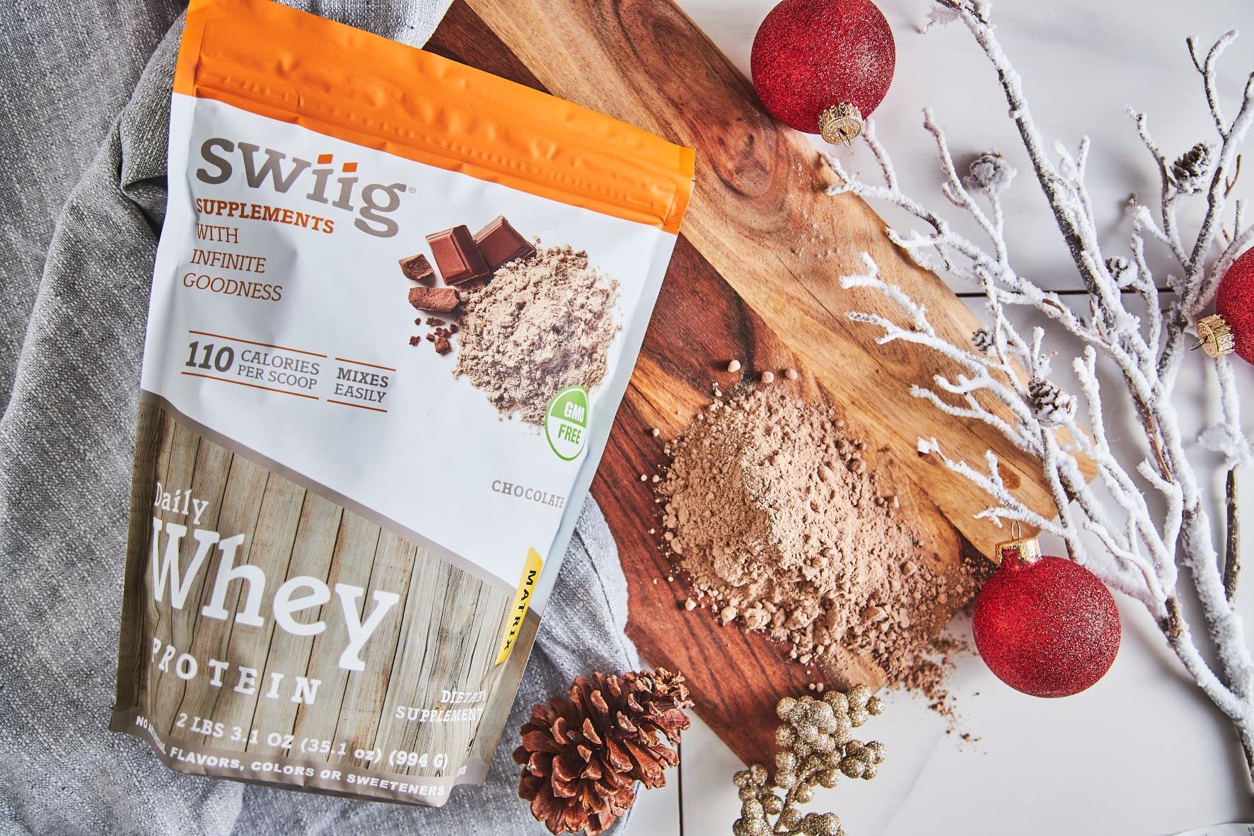 Swiig Premium Daily Whey Matrix chocolate label—gluten-free non-GMO formula.