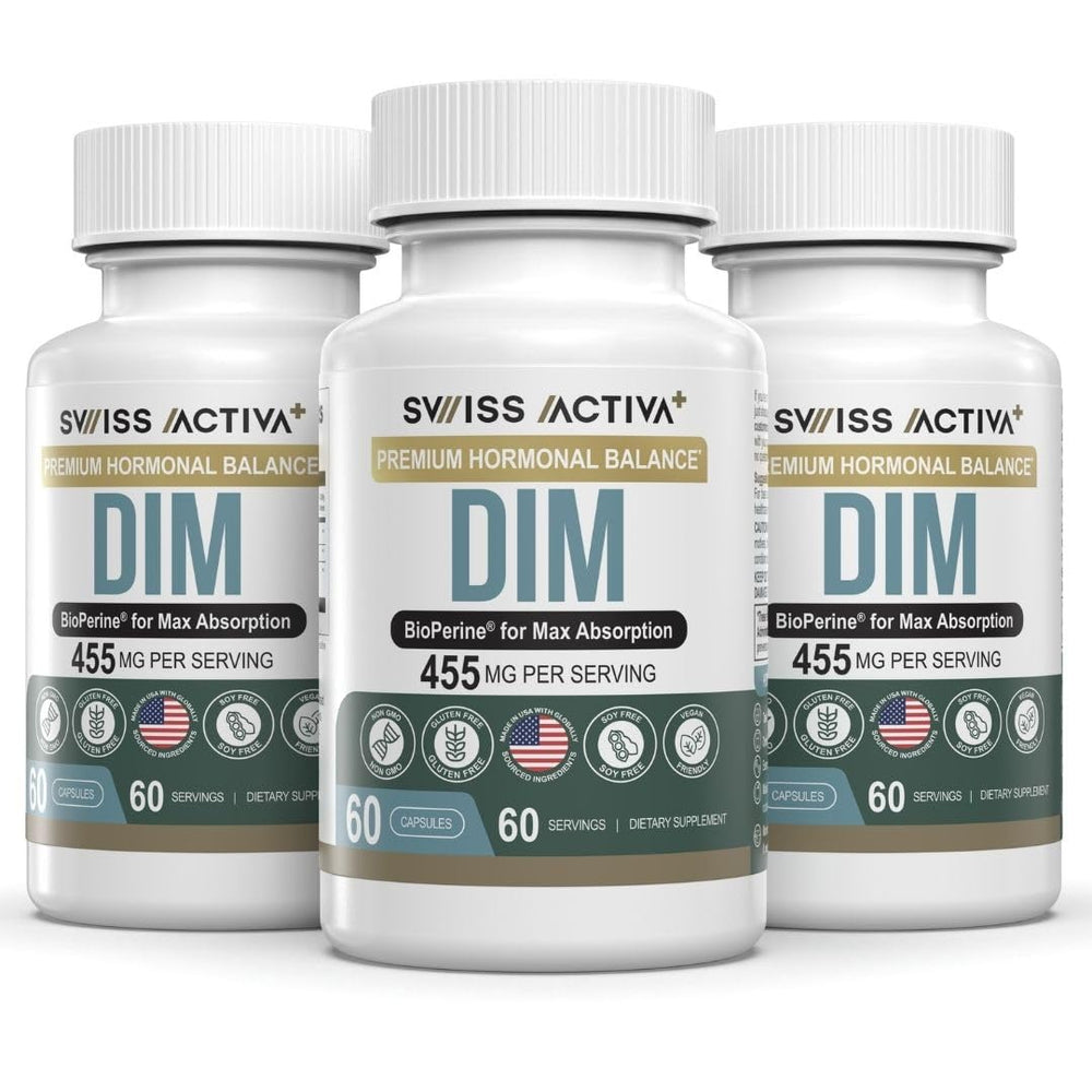 Swiss Activa+ DIM bottle front showing product branding and hormone support