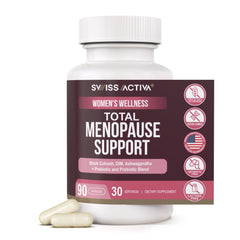 Swiss Activa+ Labs Total Menopause Support bottle closeup promoting natural hormone balance.