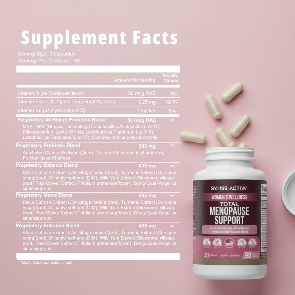 Tablet closeup illustrating discreet daily use of Swiss Activa+ Labs Total Menopause Support.