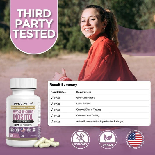 Swiss Activa+ D-Chiro Inositol capsules for hormonal support.