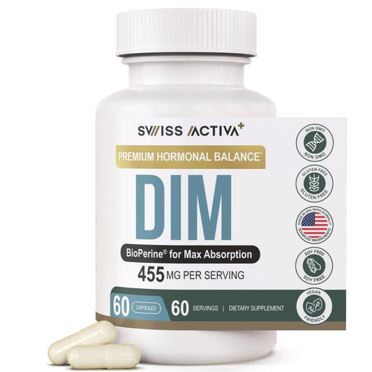 Swiss Activa+ DIM bottle for daily hormone balance and lifestyle support.