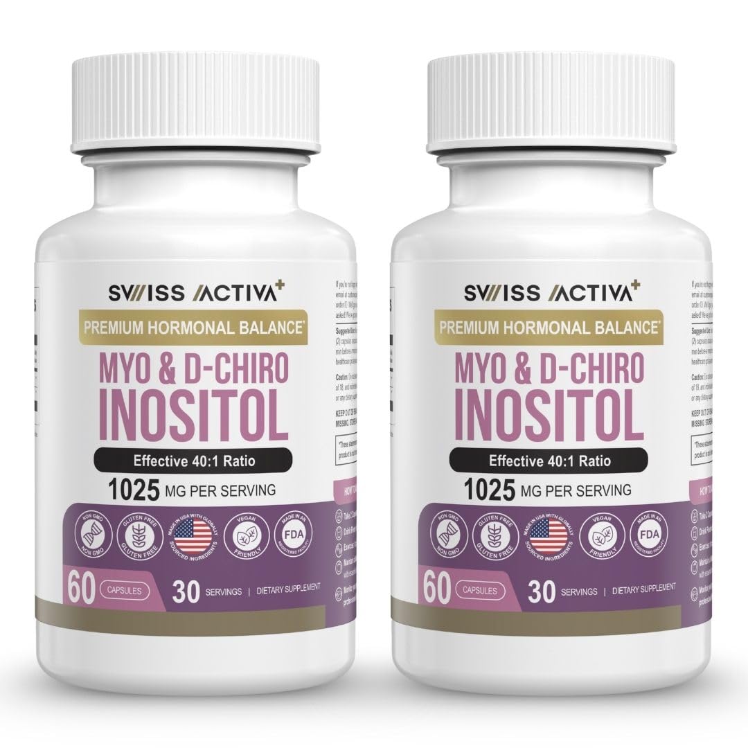 Swiss Activa+ Labs Myo Inositol and D-Chiro Inositol bottle pour for hormone support.