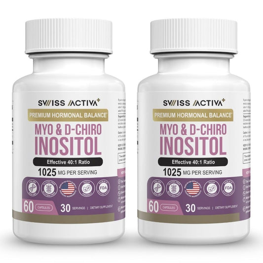 Swiss Activa+ Labs Myo Inositol and D-Chiro Inositol bottle pour for hormone support.