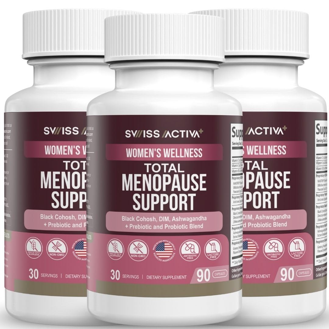 Swiss Activa+ Labs Total Menopause bottle front showing plant-based balance support for midlife women