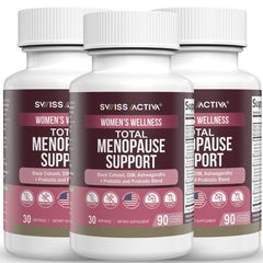 Swiss Activa+ Labs Total Menopause bottle front showing plant-based balance support for midlife women