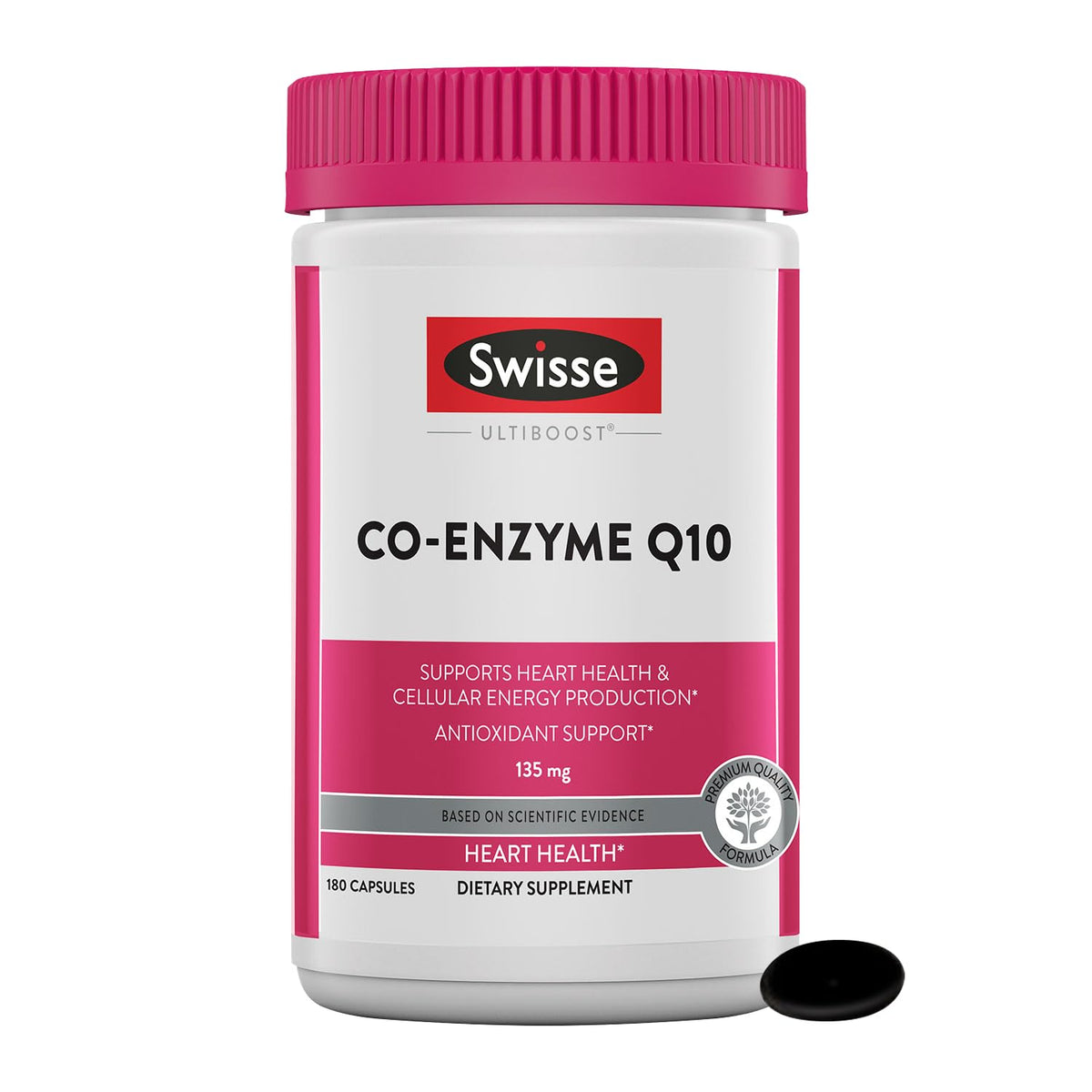 Swisse CoQ10 softgel bottle on shelf suggesting heart health support.