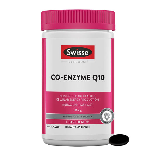 Swisse CoQ10 softgel bottle on shelf suggesting heart health support.