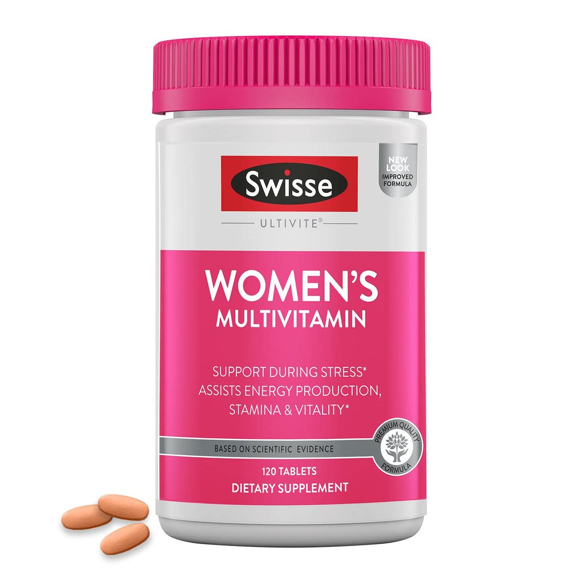 Swisse Daily Multivitamin for Women bottle on a clean surface signaling daily energy support
