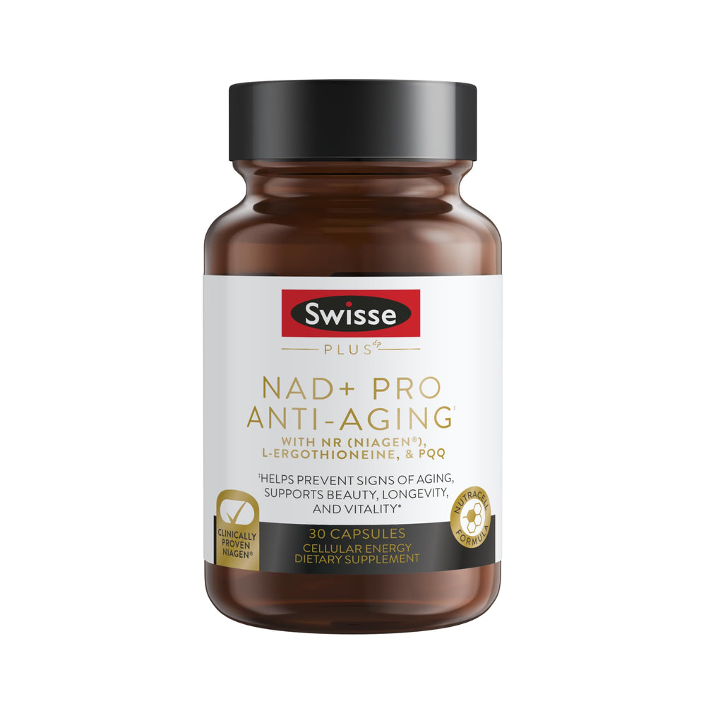 Swisse NAD+ Pro Anti-Aging bottle promotes daily vitality with 30 capsules.