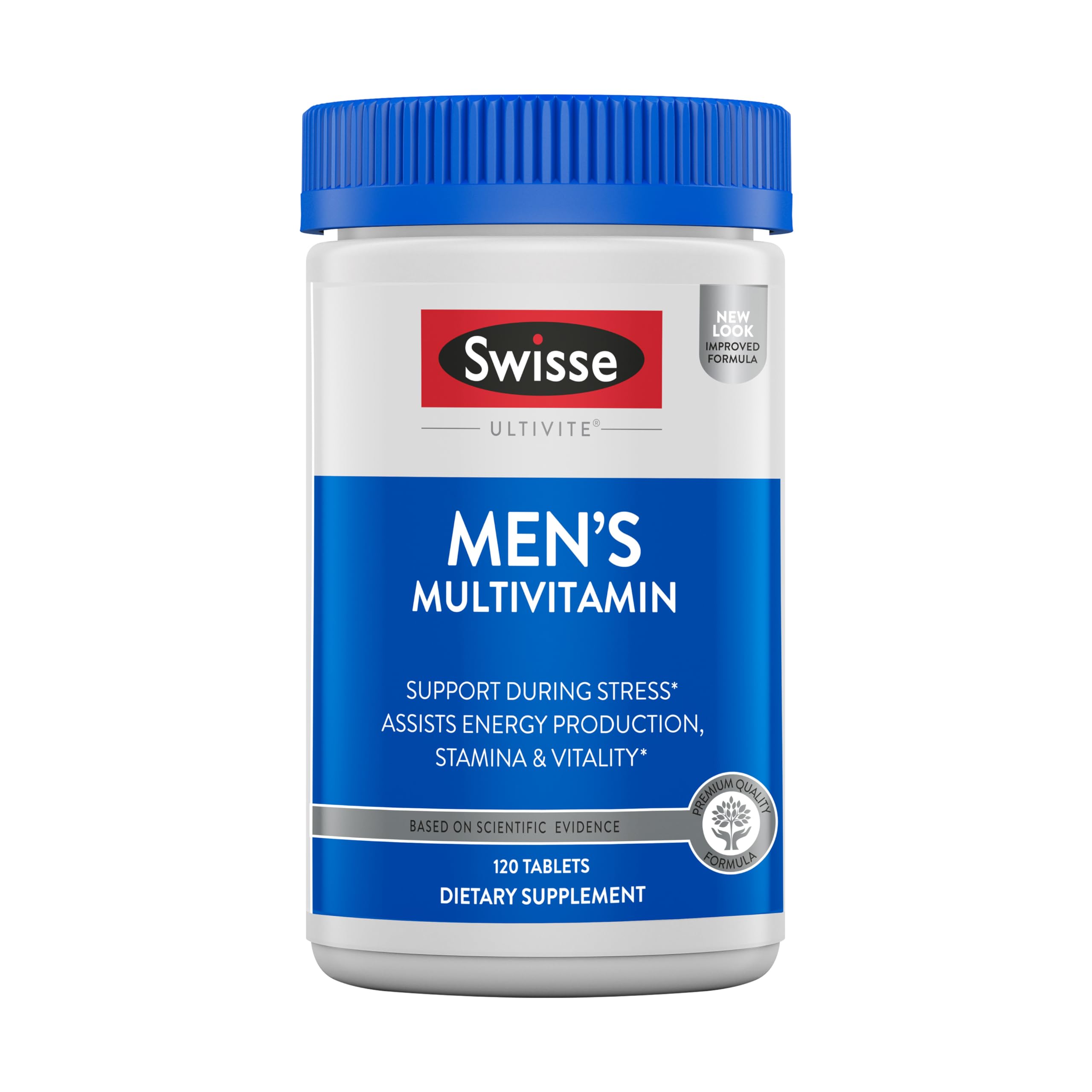 Swisse Ultivite Men's Daily Multivitamins bottle front for daily energy and immune support.