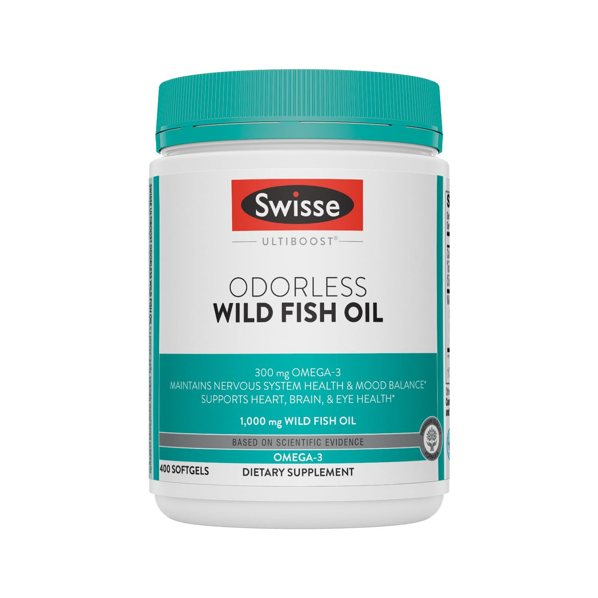 Swisse Wild Fish Oil 1000mg softgel bottle for heart, brain, and eye health