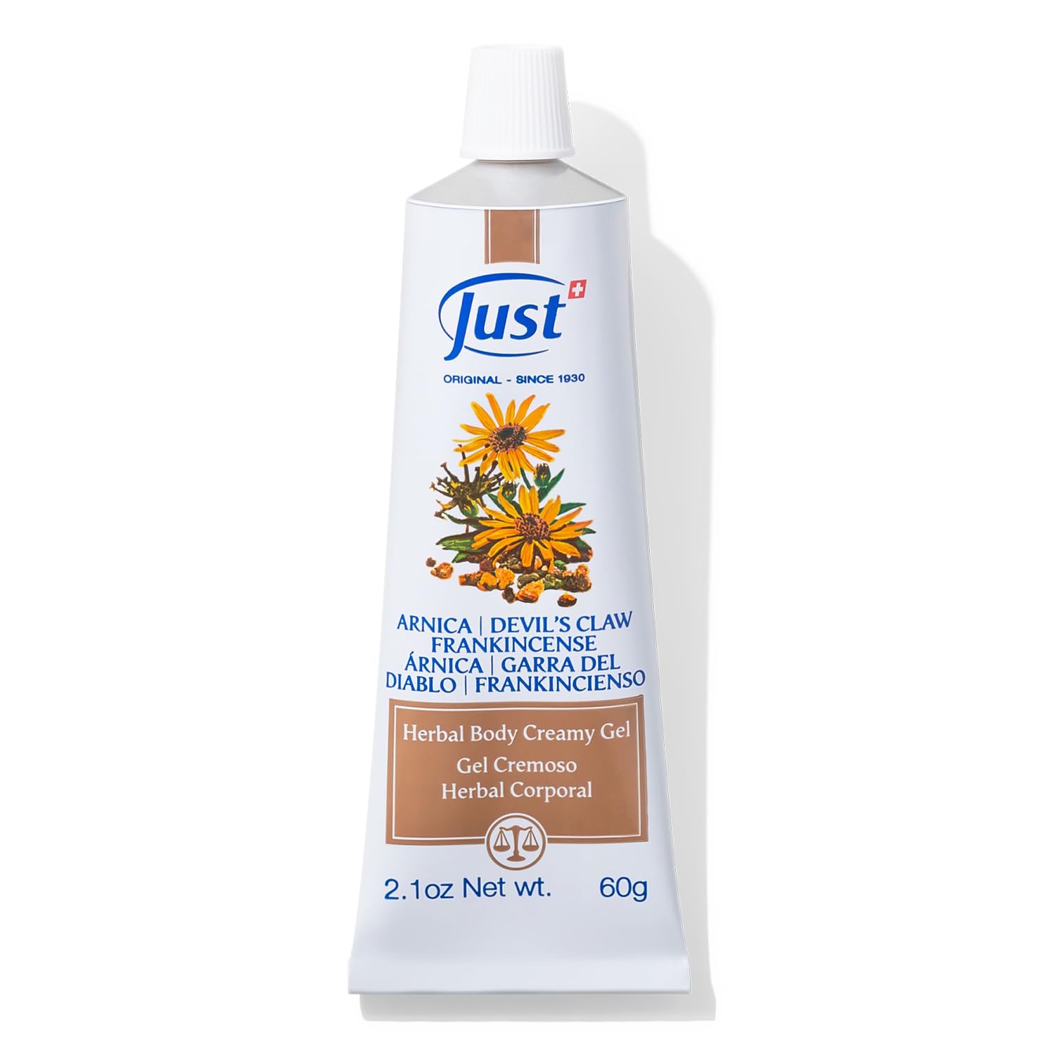 SwissJust Arnica Gel 60g tube for soothing, at home massage after activity