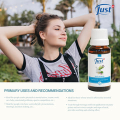 SwissJust Stress Relief with lavender notes beside herbal sprigs