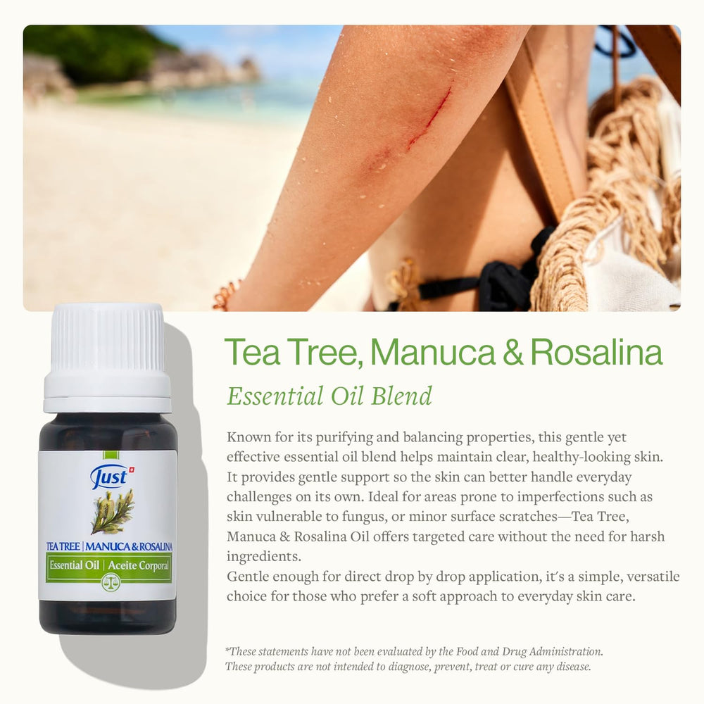 SwissJust Tea Tree Oil bottle with skin application emphasis for gentle regeneration
