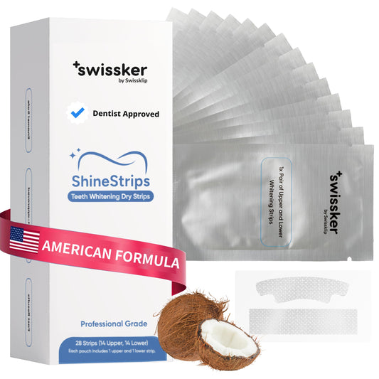 Swissker by Swissklip ShineStrips packaging box for enamel-safe whitening