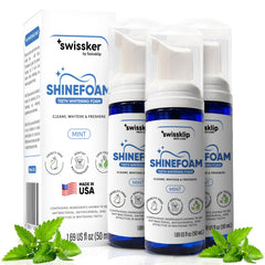Swissker ShineFoam mint foam dispense showcasing a refreshing whitening experience
