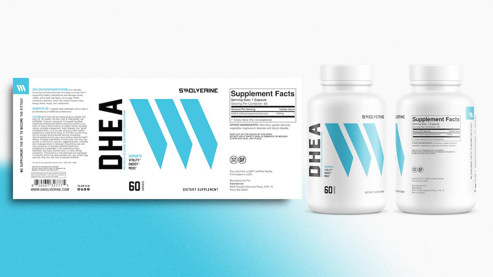 Ingredients panel on Swolverine DHEA bottle shows Non-GMO, gluten-free formula.