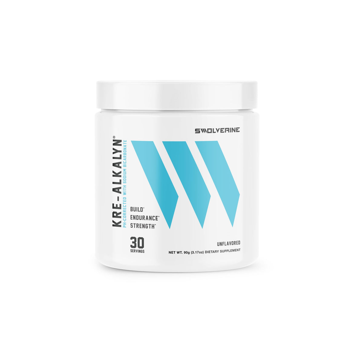 Swolverine Kre-Alkalyn Creatine powder bottle highlights stimulant-free formula for steady strength support.