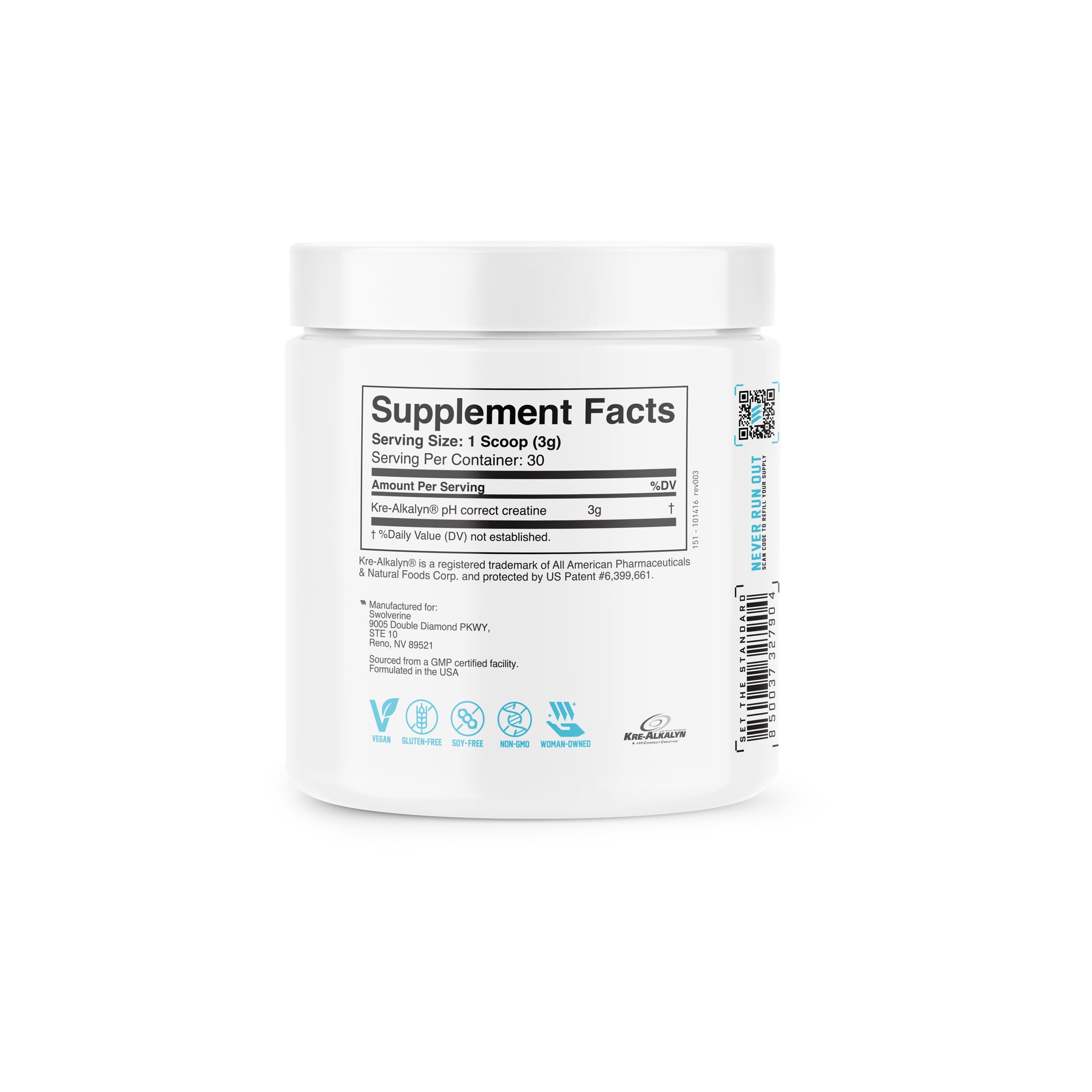 Swolverine Kre-Alkalyn powder label emphasizes pH-buffered creatine and no loading phase.