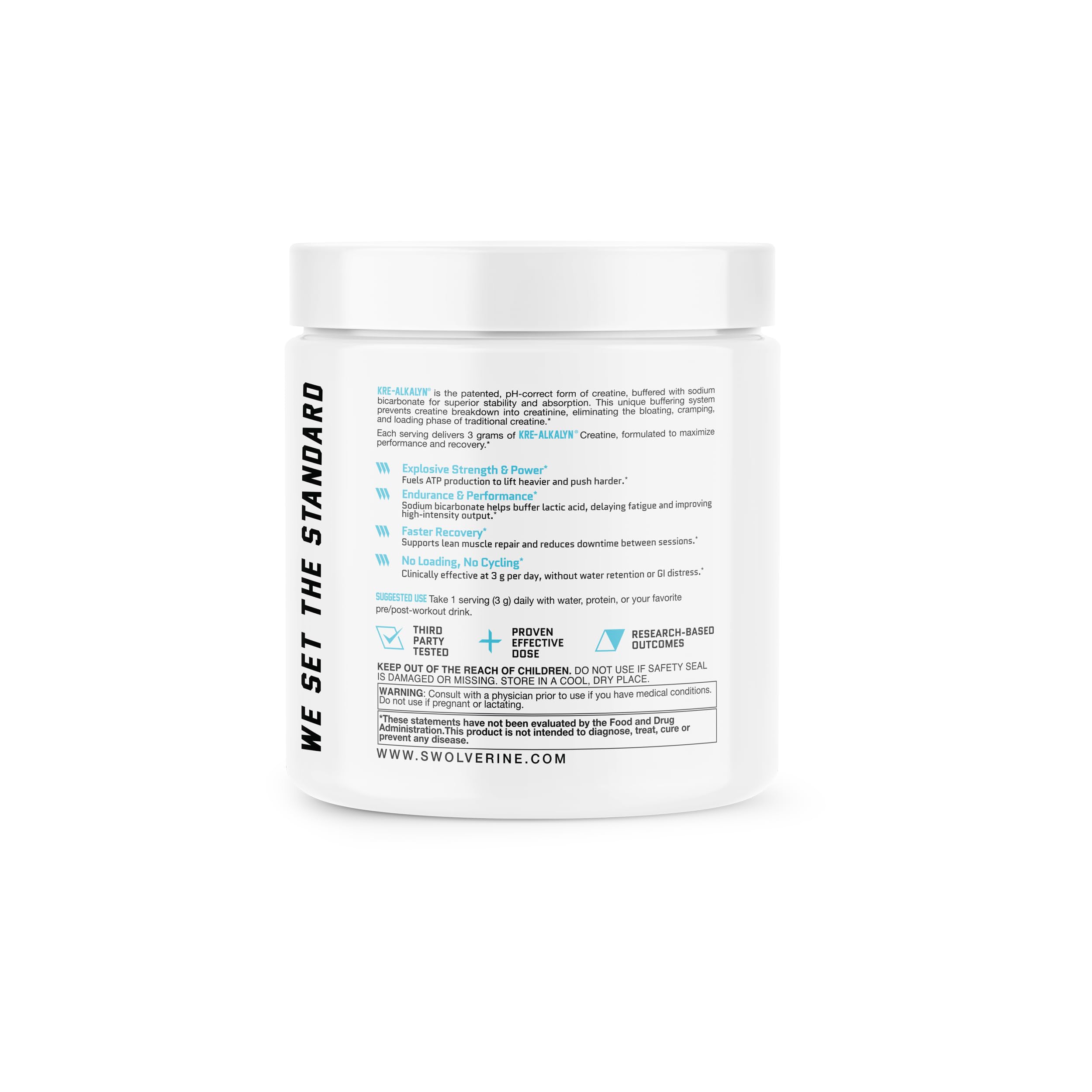 Swolverine Kre-Alkalyn scoop shows simple daily dosing for convenient, consistent performance.